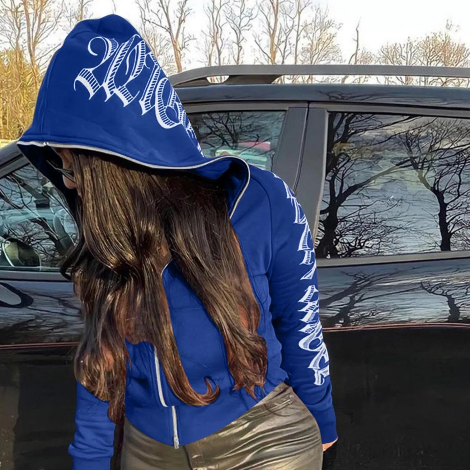Y2K Hoodies for Women Full Zip Up Print Graphic Oversized Pockets Hooded Jacket 90s Long Sleeve Sweatshirt Loose Hoody Casual