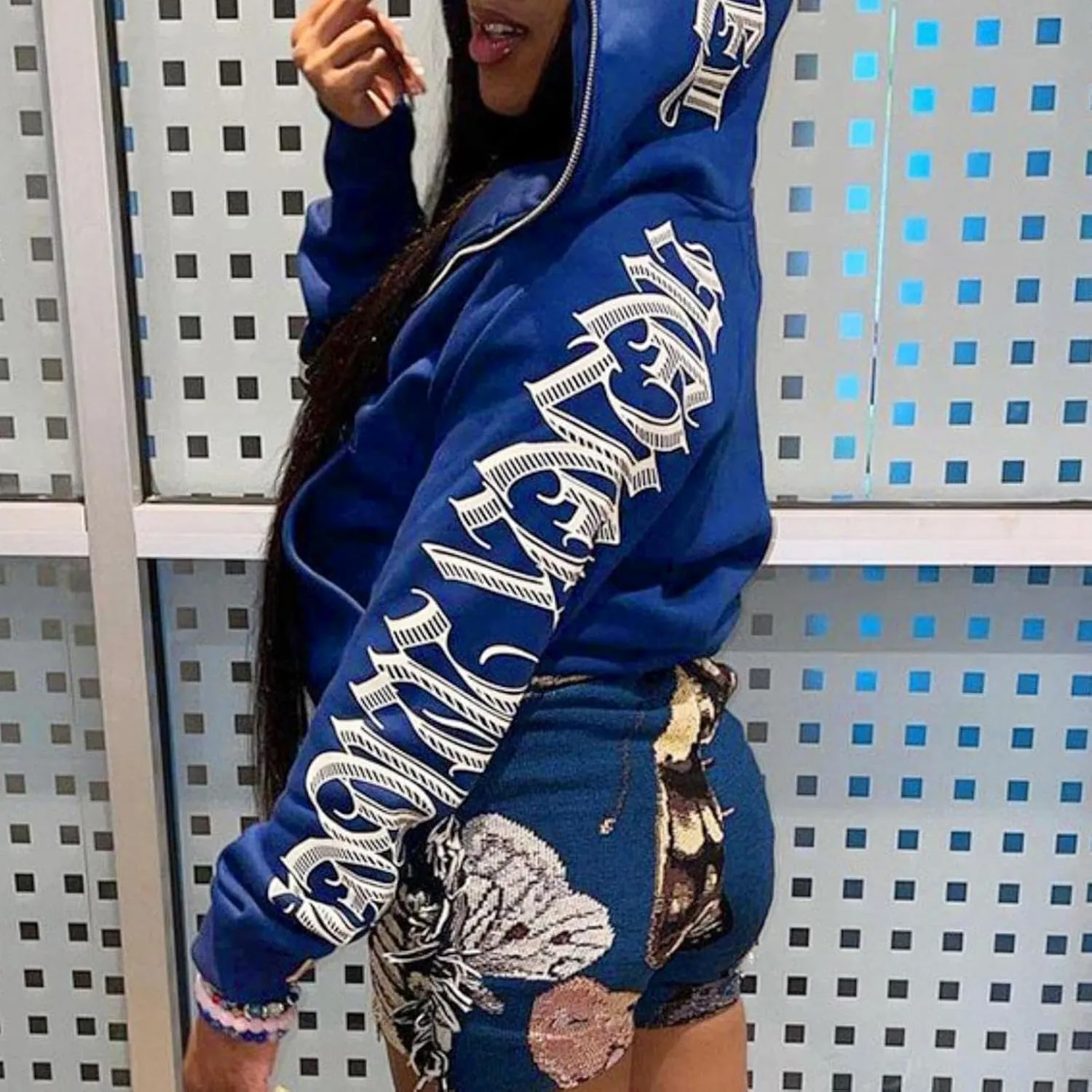 Y2K Hoodies for Women Full Zip Up Print Graphic Oversized Pockets Hooded Jacket 90s Long Sleeve Sweatshirt Loose Hoody Casual
